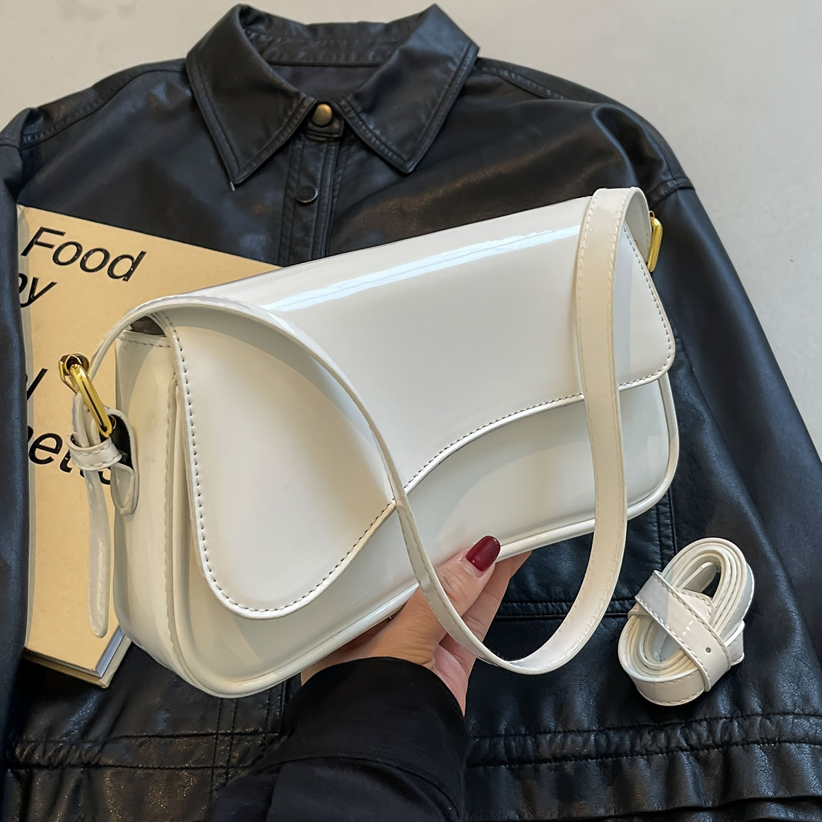 Black Baguette Bag for Women with Adjustable Strap and Gold Hardware