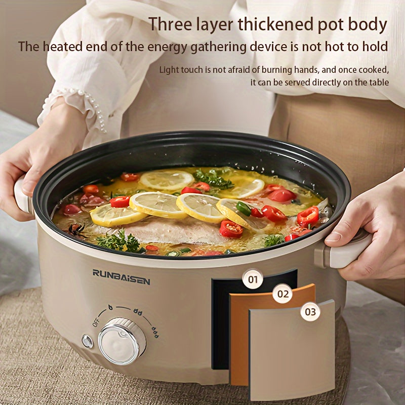 Ikkita qatlamli elektr ovqat pishirish qozoni, uy, RV, yotoqxonalarda foydalanish uchun bug'lash panjarasi bilan, yopishqoq bo'lmagan qovurish panasi va bug'lagich sifatida funksiyalari mavjud.