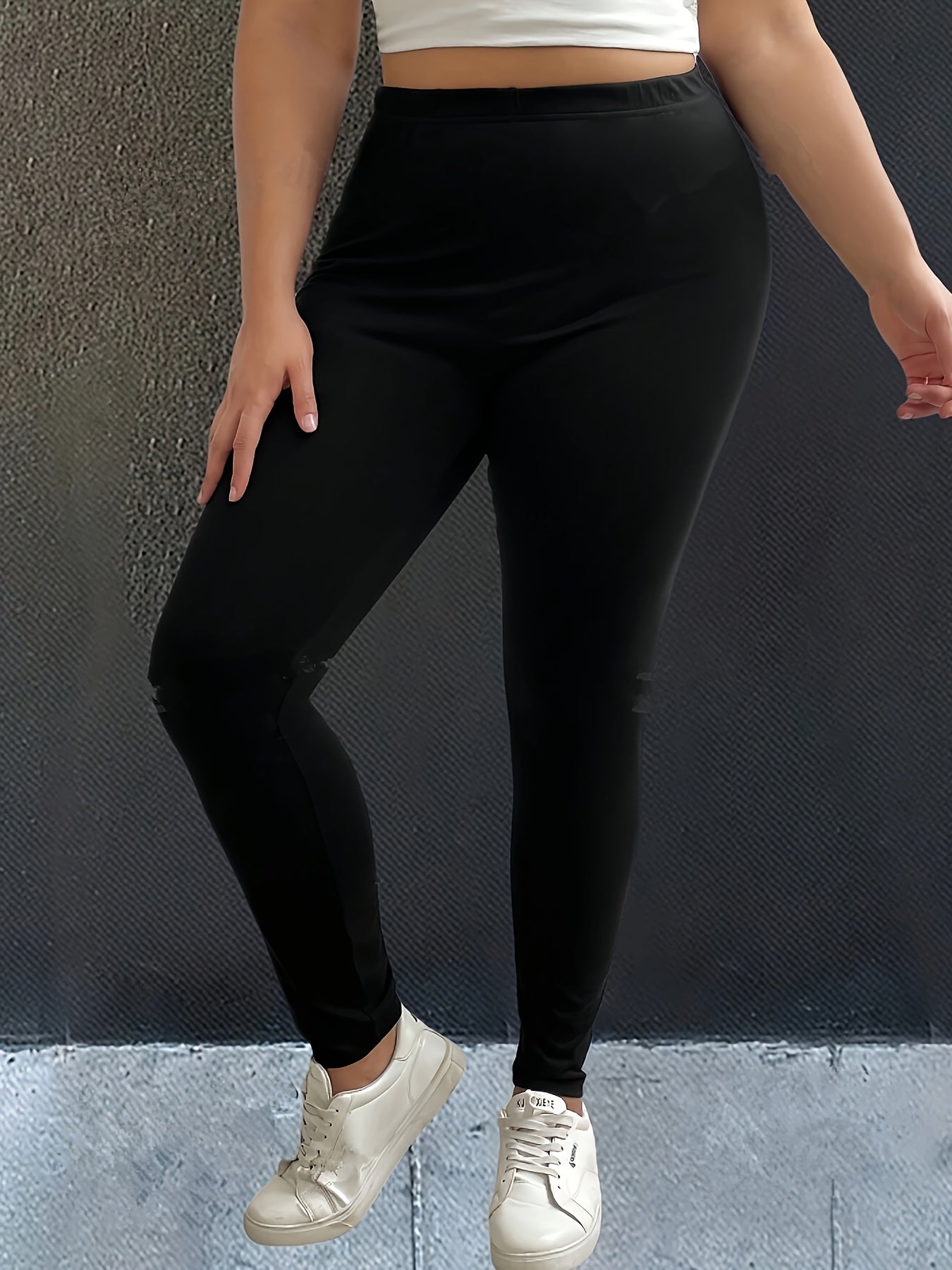 Leggings de mujer talla grande negras con tela elástica cómoda cintura ajustable moda casual