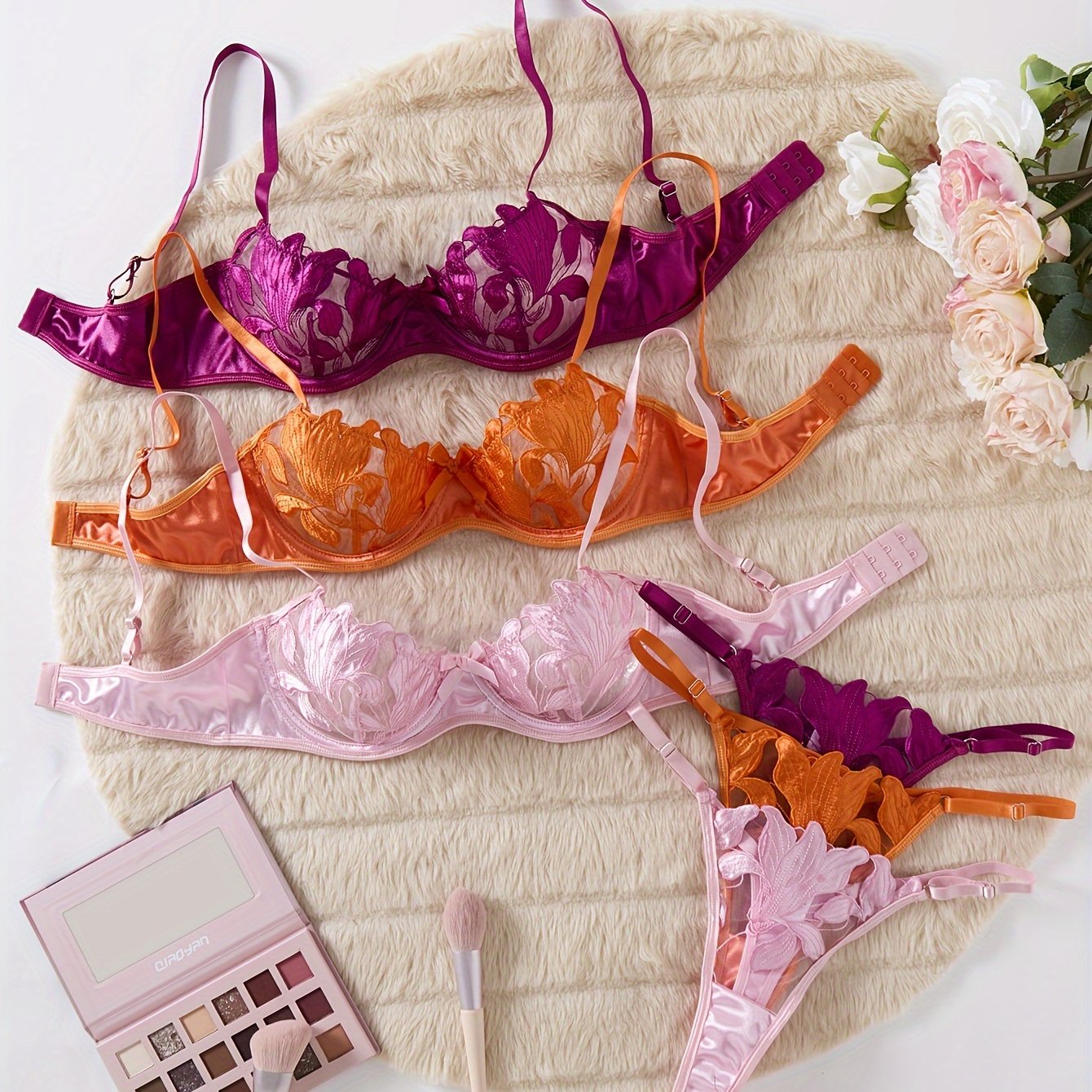 Women's 3-Piece Floral Embroidered Lingerie Set with Bra and Panties