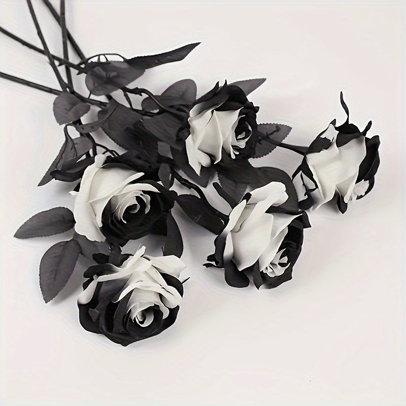 Ramo de 5 rosas artificiales en blanco y negro, flores de plástico góticas para decoración de bodas y Halloween