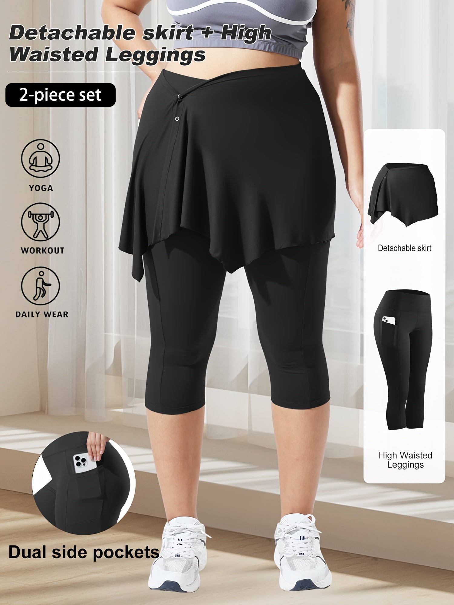 Plus-Size High-Waisted Leggings and Irregular Skirt Set with Pockets