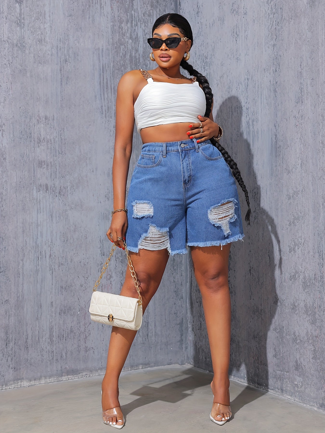 Women's High-Waisted Light Blue Ripped Denim Shorts for Summer