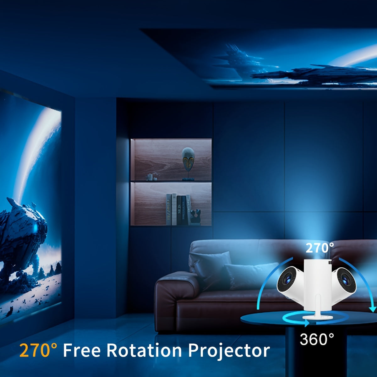 Mini Portable Projector 180° Rotatable Remote White Compatible Phones Tablets