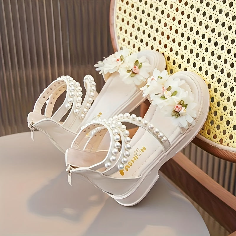 Kichkina qizlar uchun sandallar ochiq barmoqli, gul va marjonlar bilan, zippersiz, yozgi, kundalik