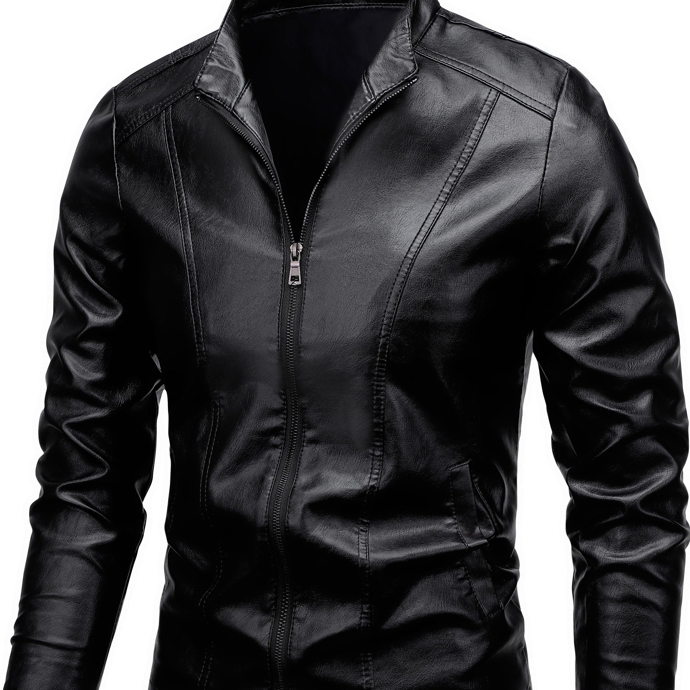Men's Casual Woven Polyurethane Jacket with Stand Collar Zipper Pockets