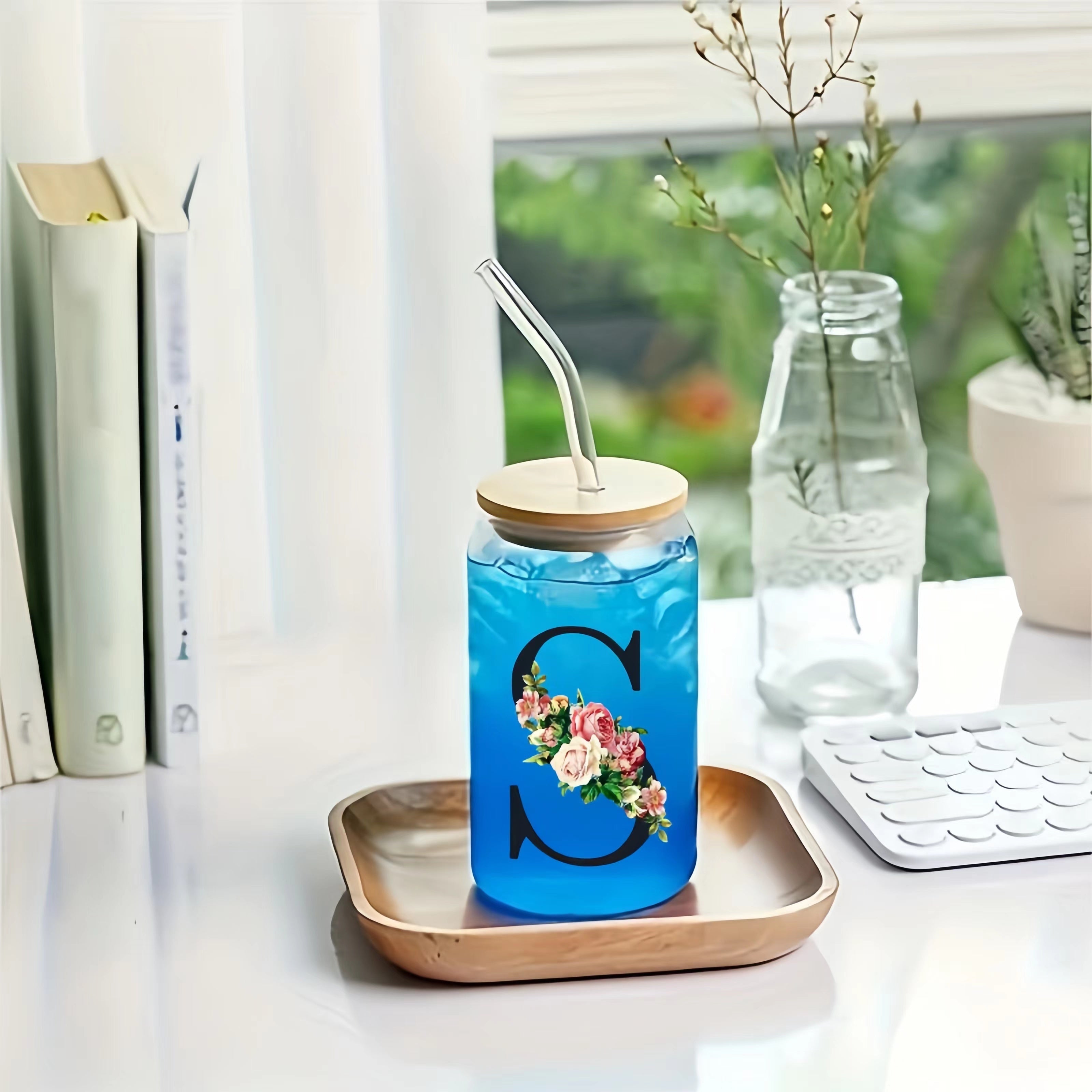 Flowers Drinking Glass with Bamboo Lid and Straw 16oz Coffee Mug for Women Girls