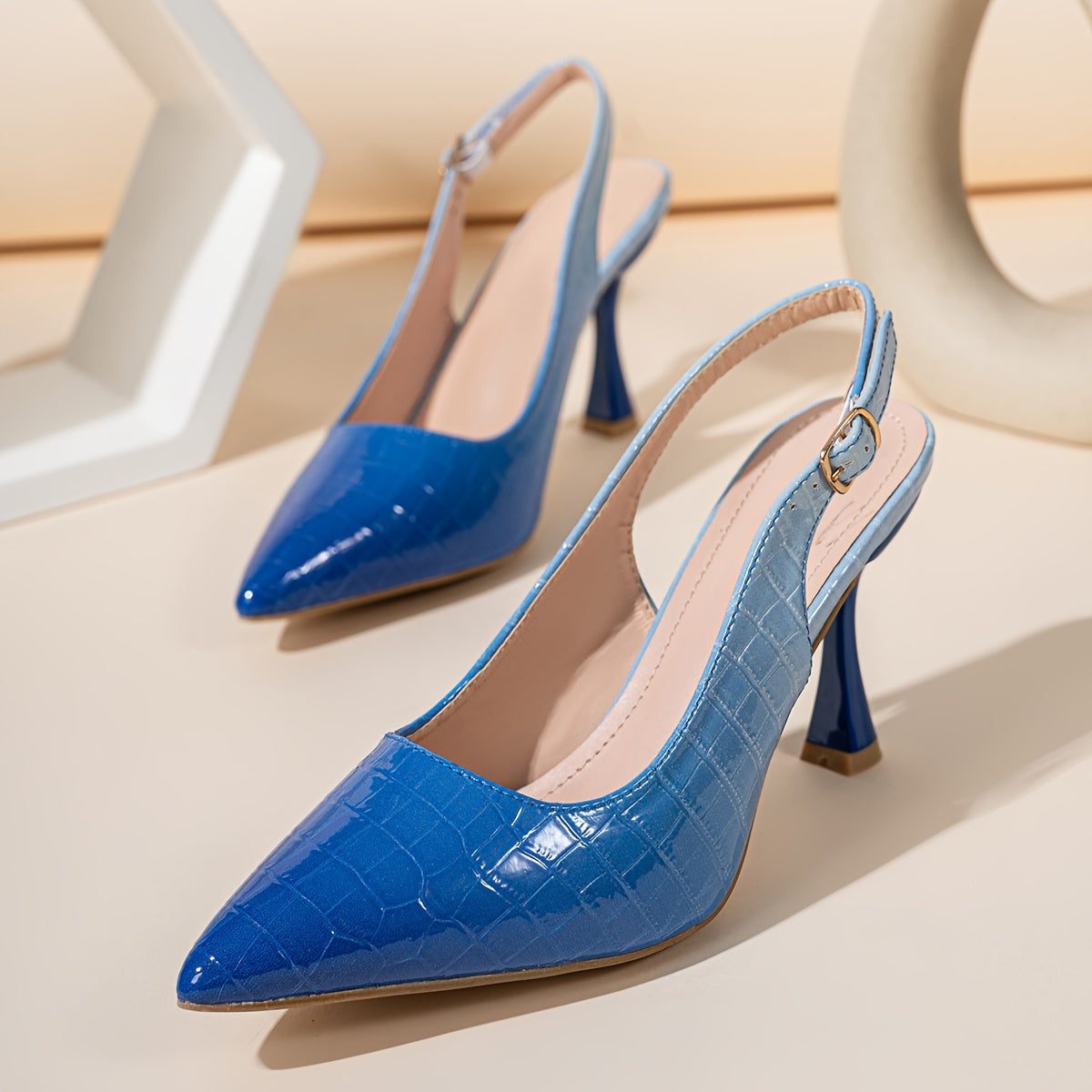 Women's Pointed Toe Slingback Pumps Gradient High Heels Croc-Embossed
