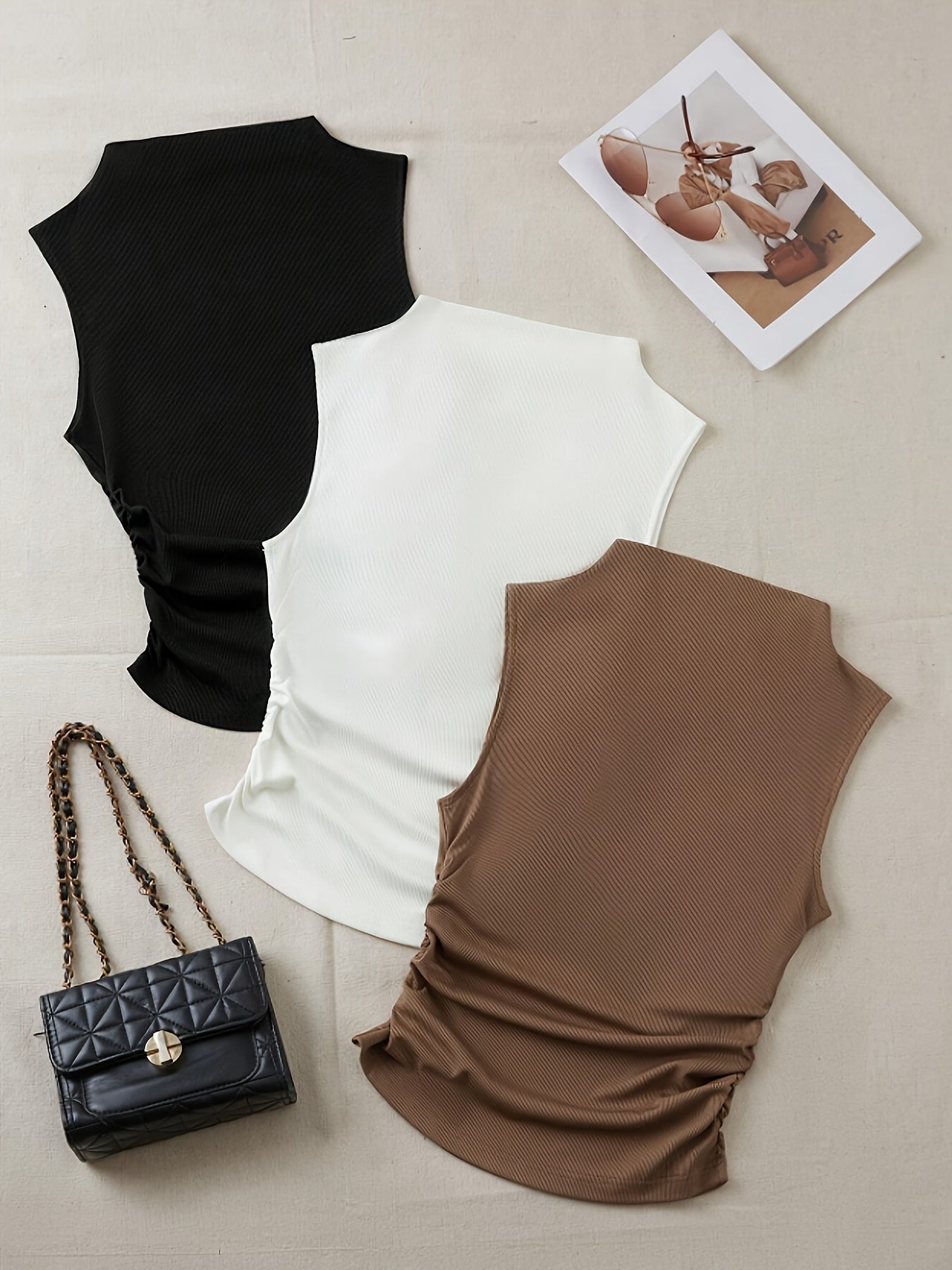 Women's Sleeveless Mock Neck Tank Top with Ruched Design and Stretchy Polyester Blend