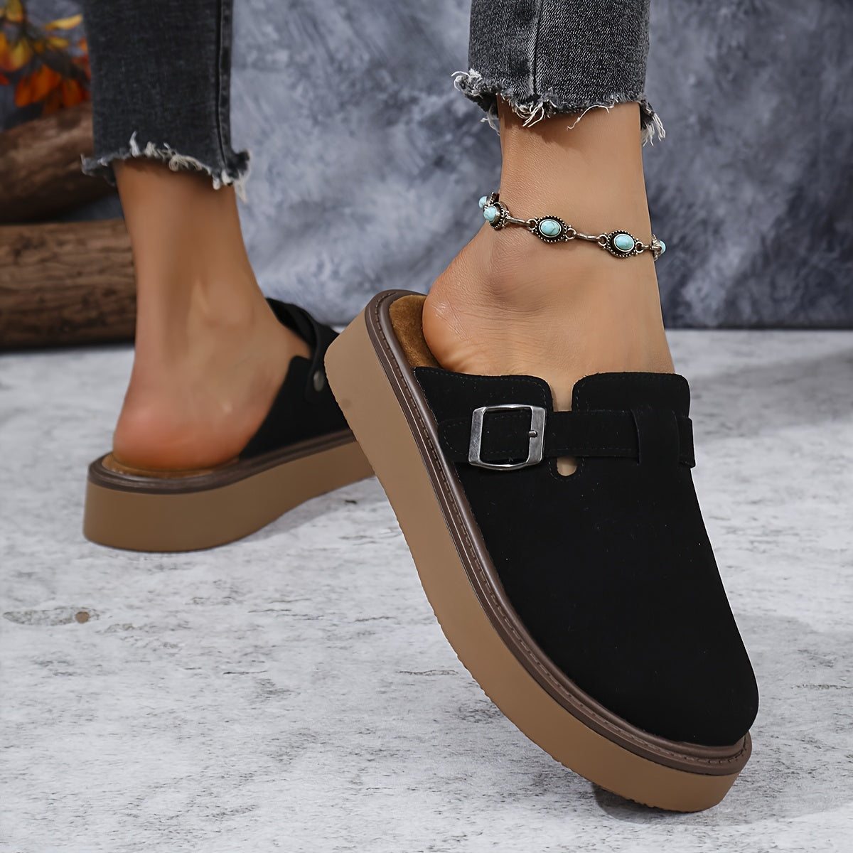 Women's Casual Buckle Loafers All-Season PU Upper Rubber Sole Flannel Insole