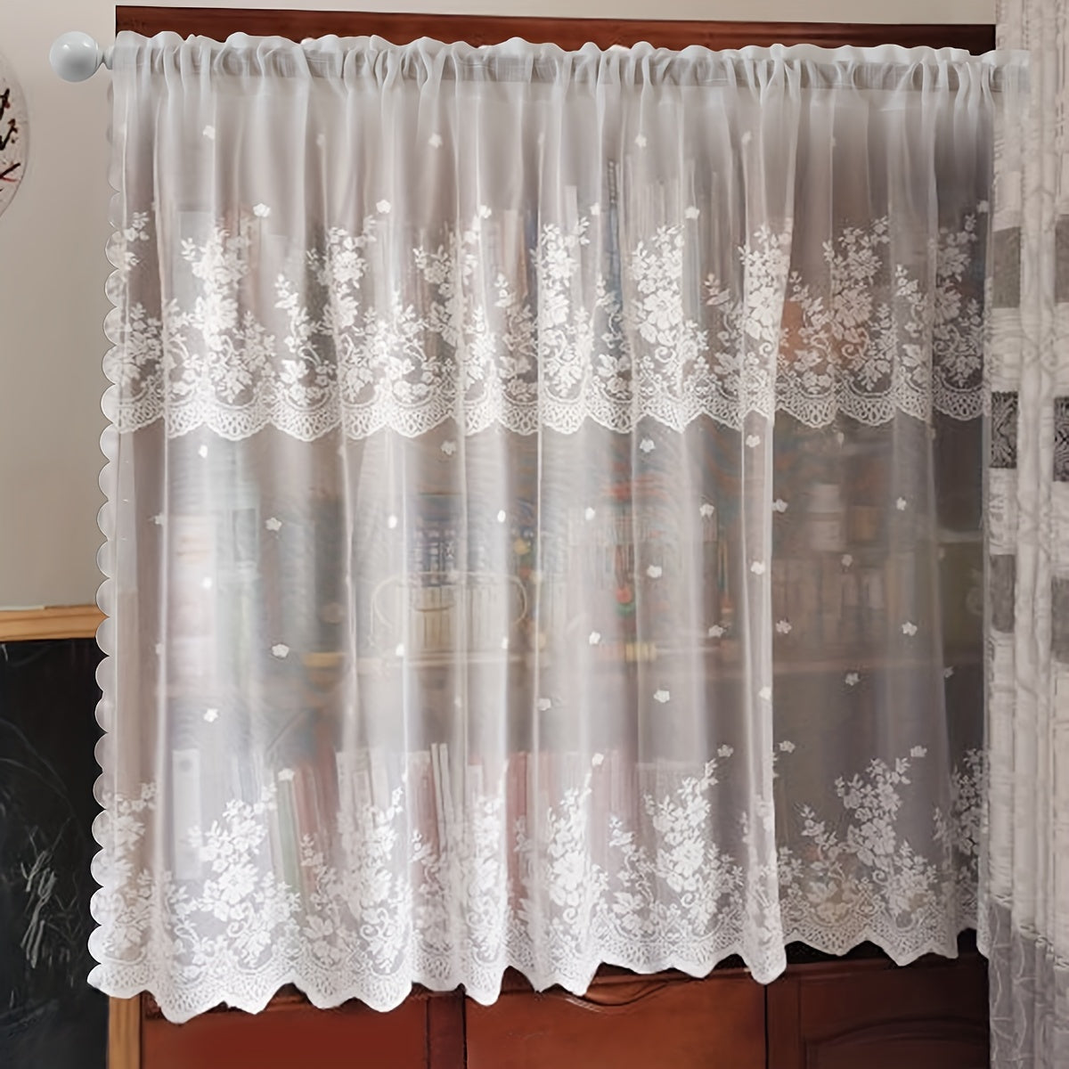 White Floral Lace Curtain with Rod Pocket for Living Room Bedroom Kitchen