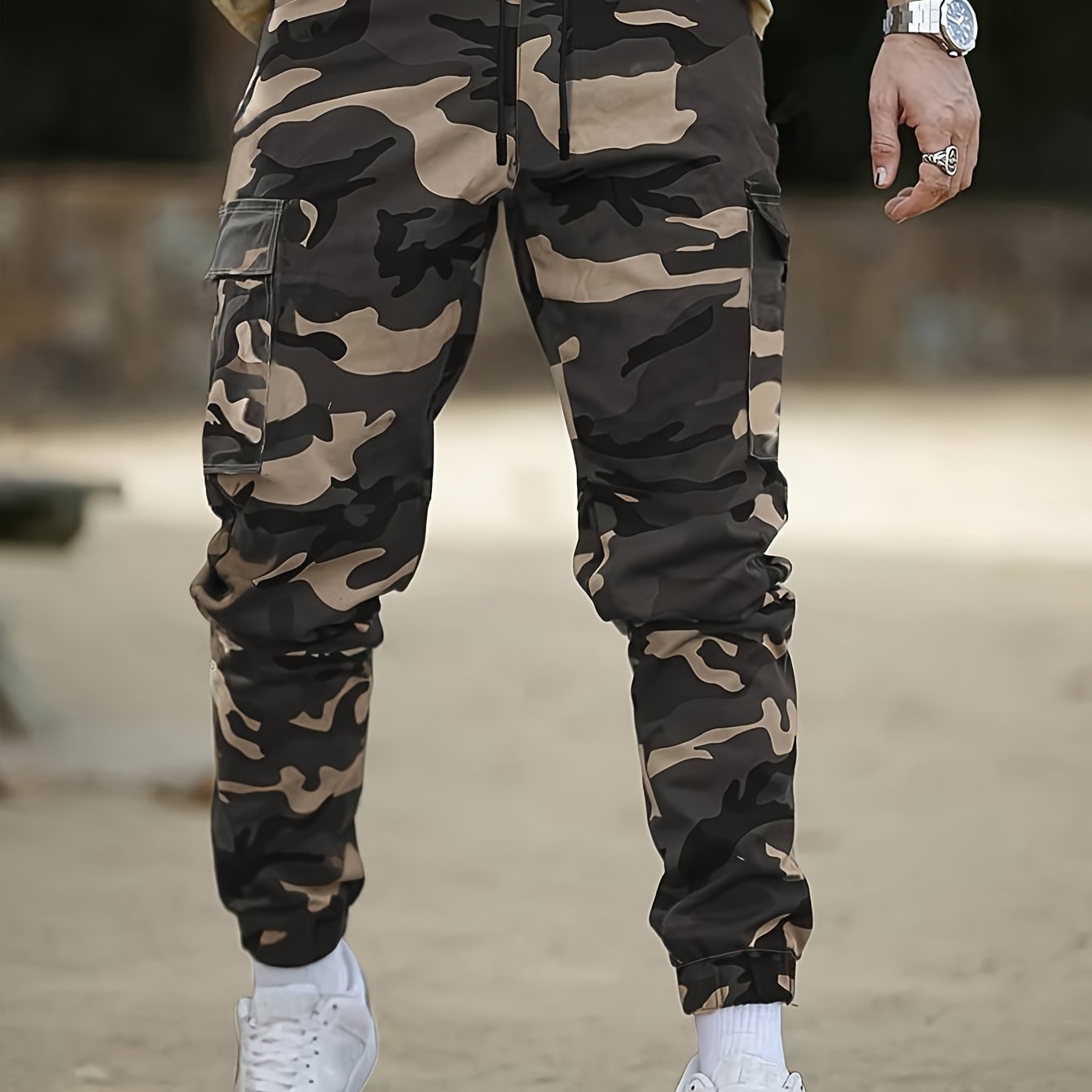 Men's Camo Cargo Pants Non-Stretch Polyester Drawstring Waist Flap Pockets Outdoor Work