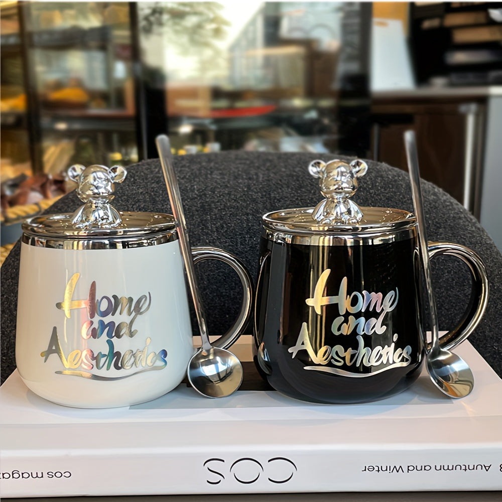 Мужчины и женщины керамическая кружка для кофе с крышкой и ложкой для завтрака и воды