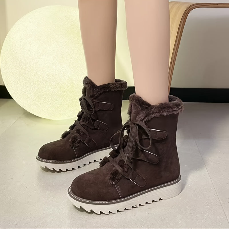 Women's Plush Lined Snow Boots Solid Color Lace-Up Warm Mid-Calf Outdoor Anti-Slip