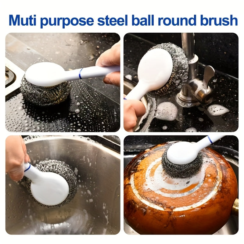 Juego de herramientas de limpieza de cocina con mango reutilizable de acero inoxidable, 3 bolas de alambre para fregar