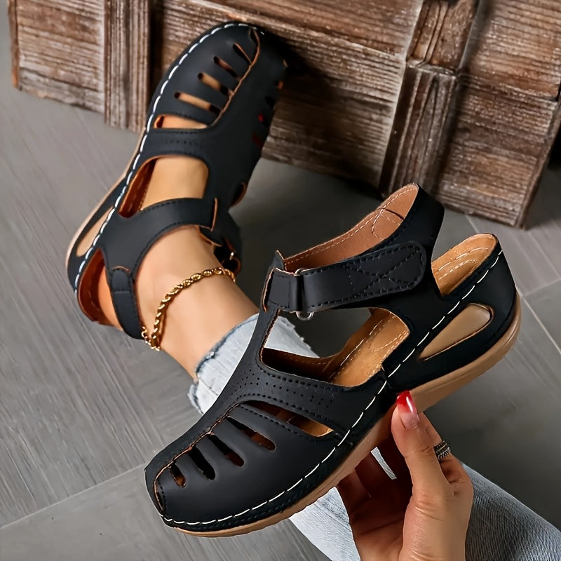 Women's Solid Color Faux Leather Sandals with Cut-Out Design and Cushioned Sole