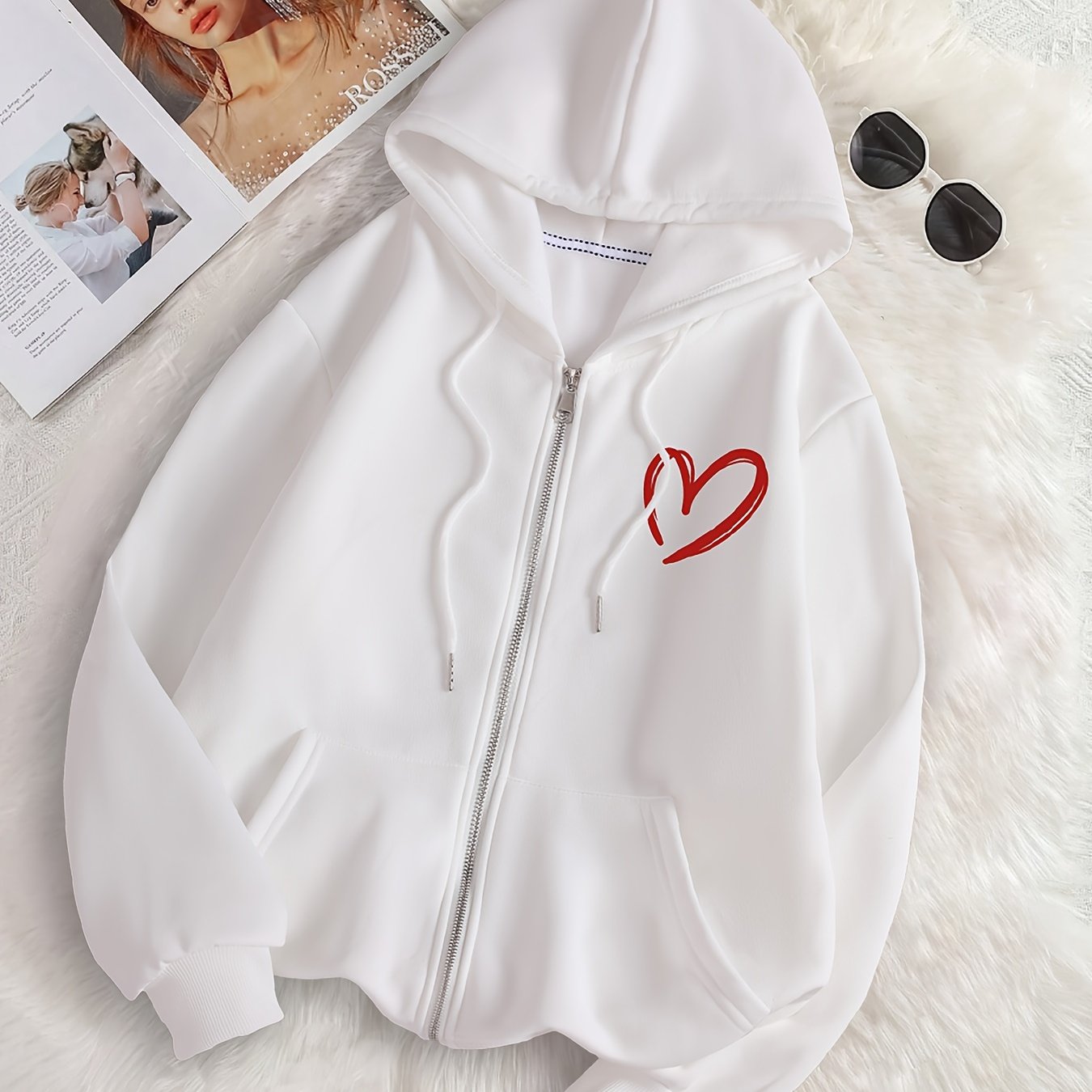 Women's Hooded Zip-Up Hoodie with Heart Print, Long Sleeves, Fall Winter Polyester