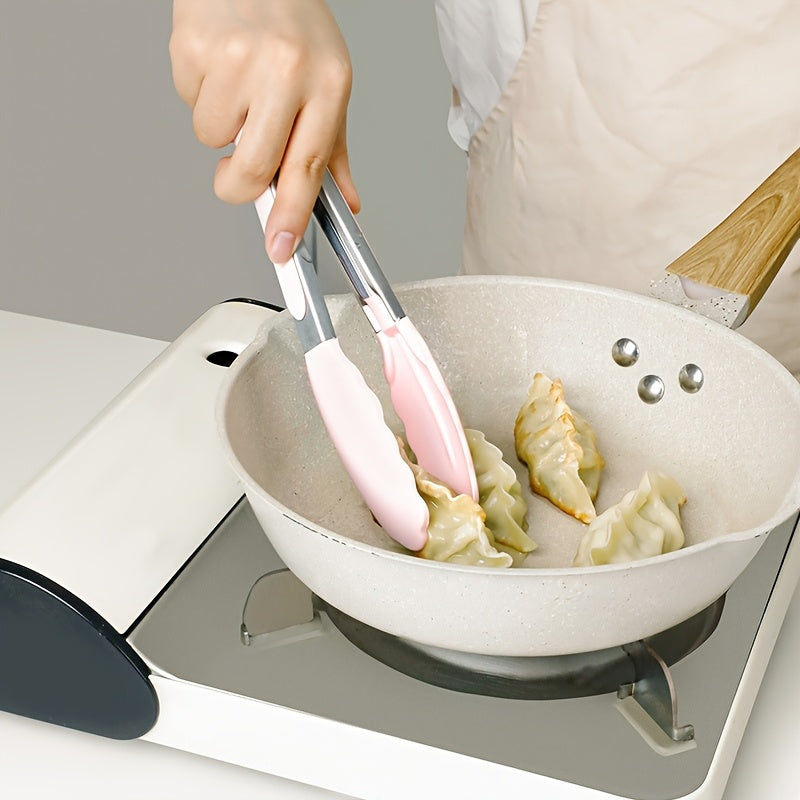 Xavfsiz pishirish va BBQ uchun ergonomik silikon boshli stainless steel oziq-ovqat tongs.