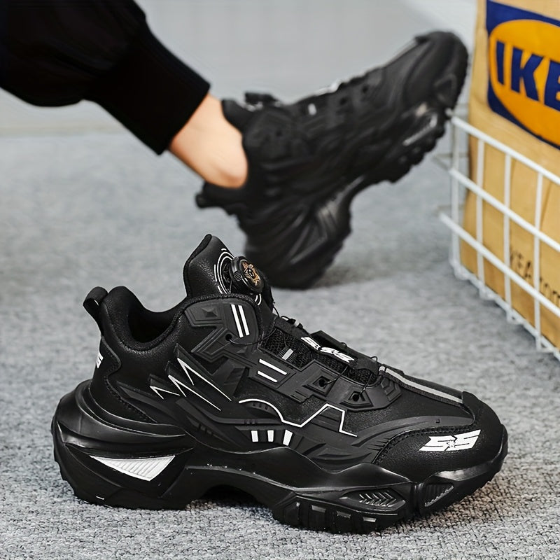 Men's Black Chunky Sneakers with Rotating Buckle Anti-Slip Breathable Fabric for Sports Outdoor