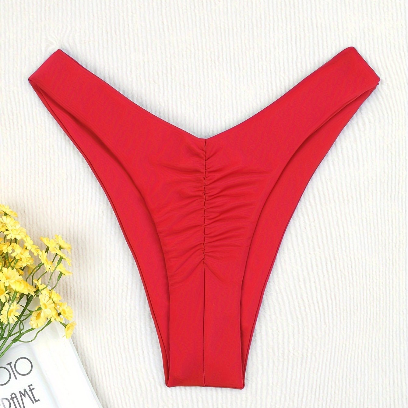 Women's Solid Color High Stretch Nylon Pleated Thong Bikini for Beach Vacation