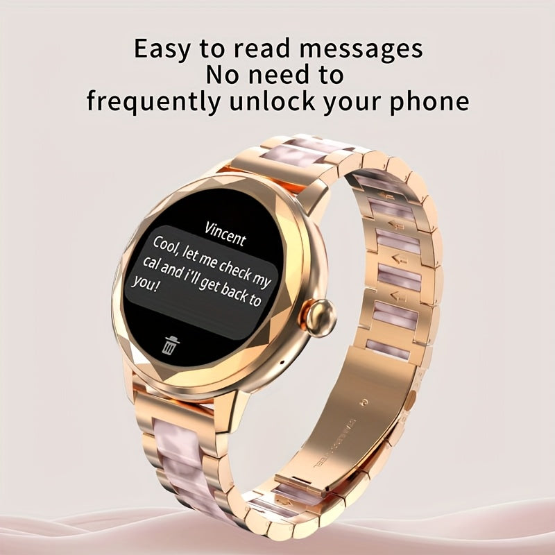 1.2 dyuymli ekranli, qo'ng'iroq, xabar bildirishnomalari, ob-havo, kaloriya hisoblagichi, musiqa, sport rejimlari bilan jihozlangan, iPhone/Android bilan mos keladigan hashamatli ayollar soati, ayollar uchun ideal 14-fevral sovg'asi.