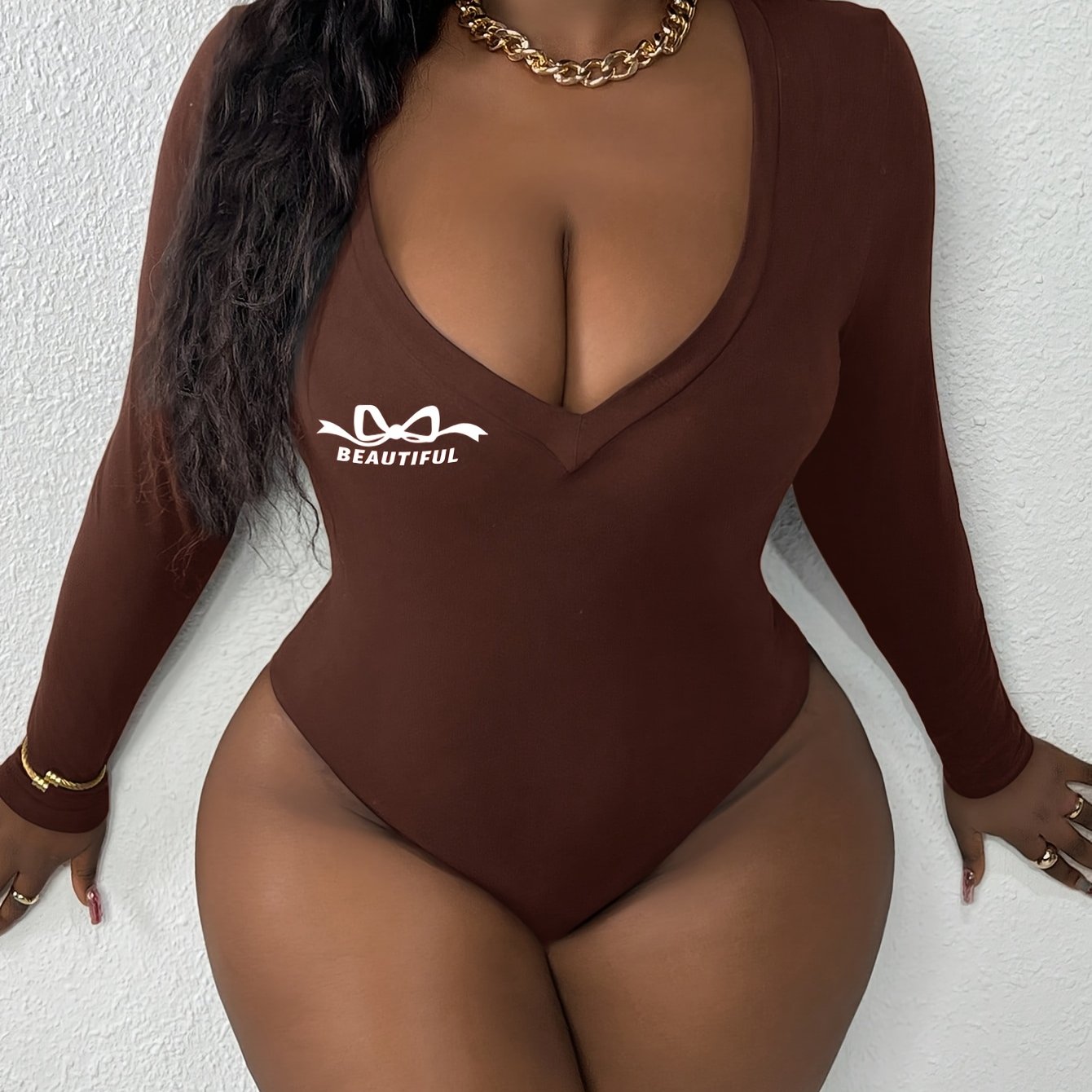 Plus Size Women's V-Neck Jumpsuit Bodycon Coffee Brown Letter Print Long Sleeve