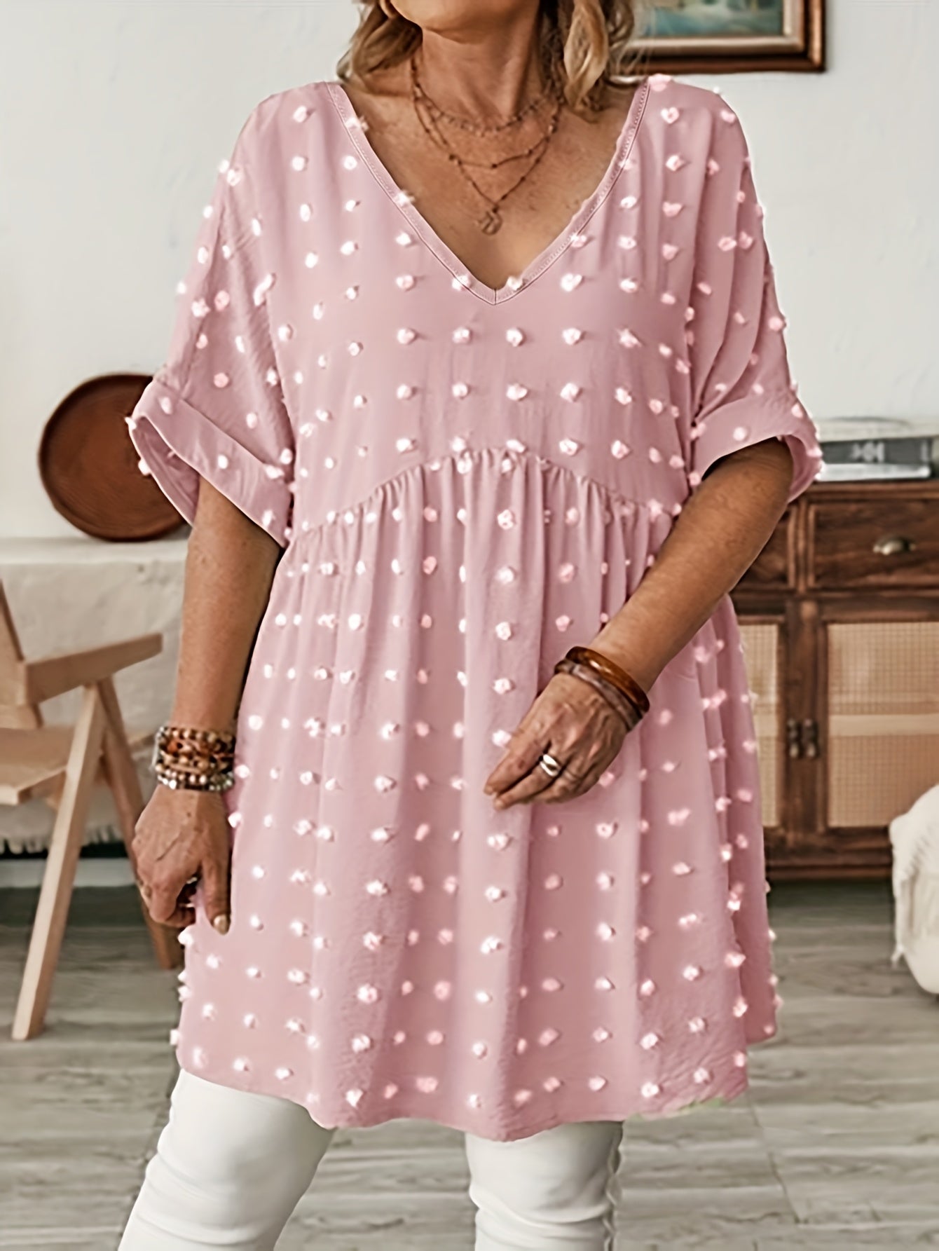 Women's Plus Size V-Neck Batwing Sleeve Blouse Stretchy Polyester Black White Dot