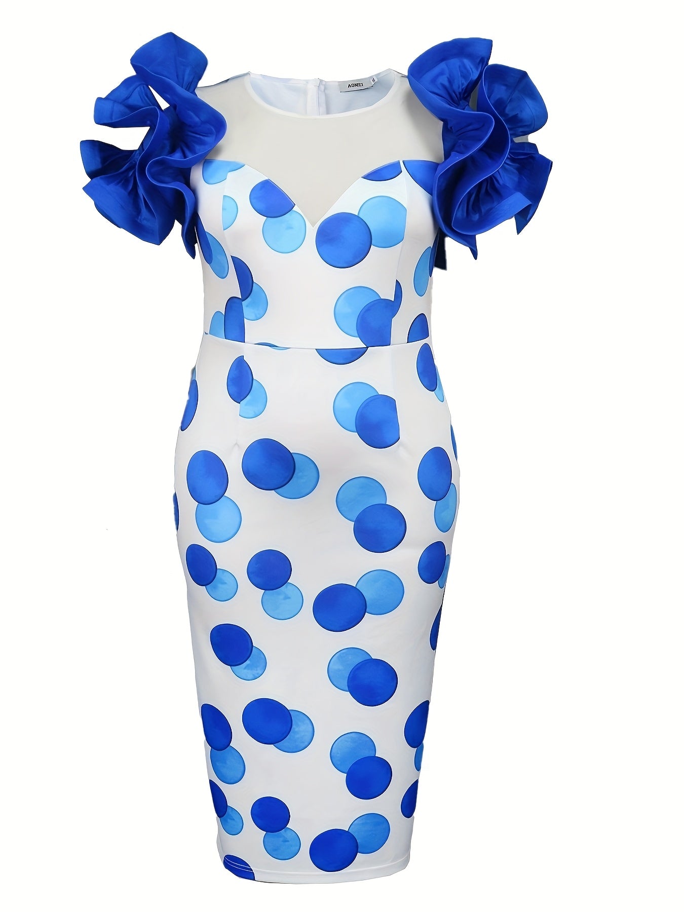 Women's Blue Polka Dot Midi Bodycon Dress with Ruffle Sleeves
