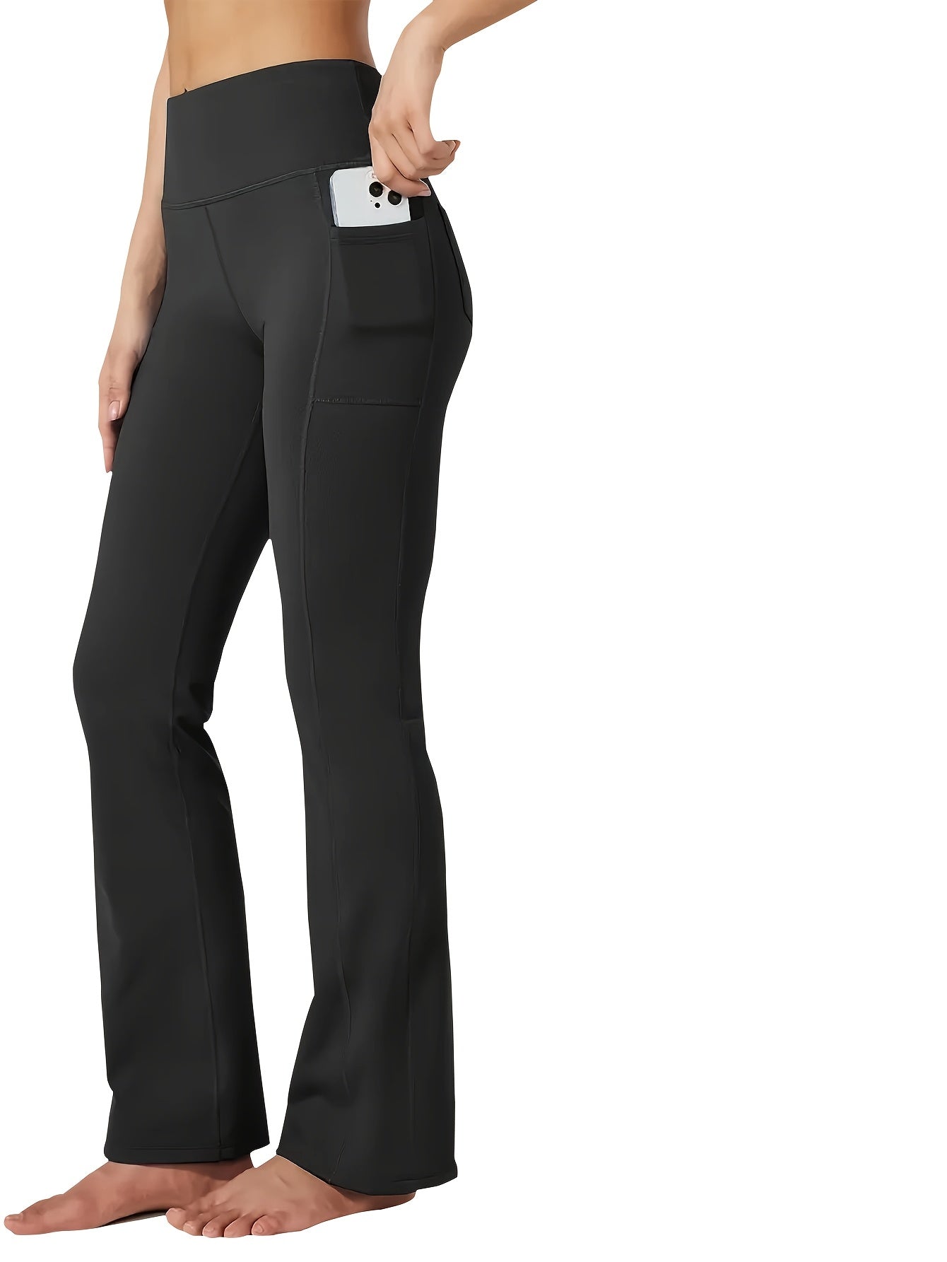 Pantalones de pierna acampanada para mujer de talla grande con bolsillos para teléfono, con control de abdomen elástico en negro, verde y azul