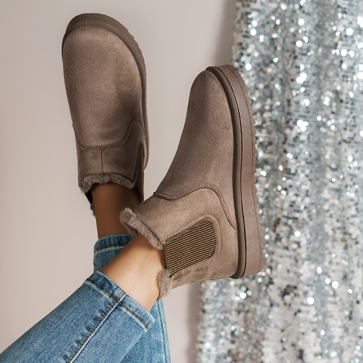 Women's Winter Slip-On Boots Brown Rubber Sole Casual Ankle Footwear