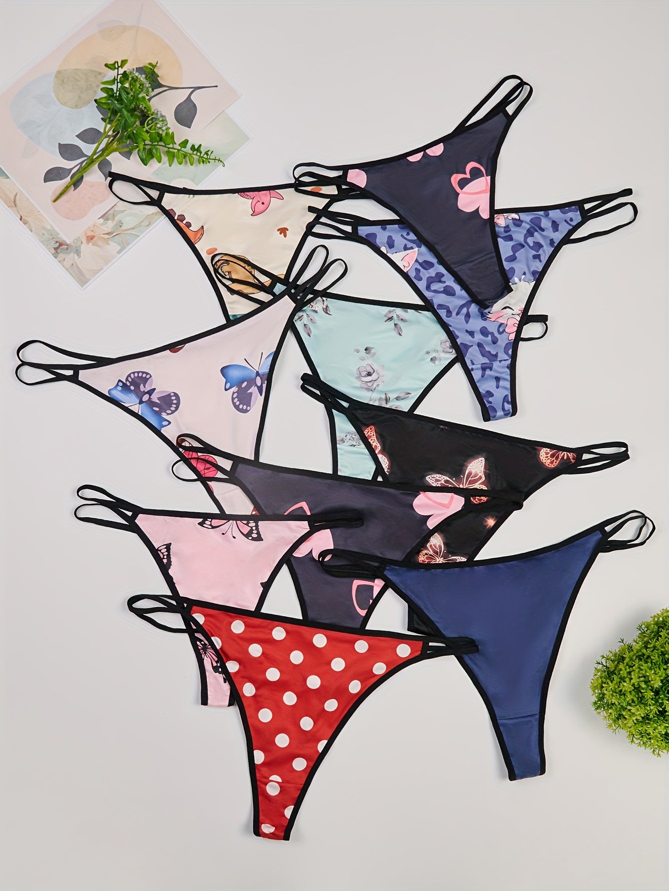 Women's Plus Size Low-Rise Thong Underwear 10 Pack Floral Abstract Print
