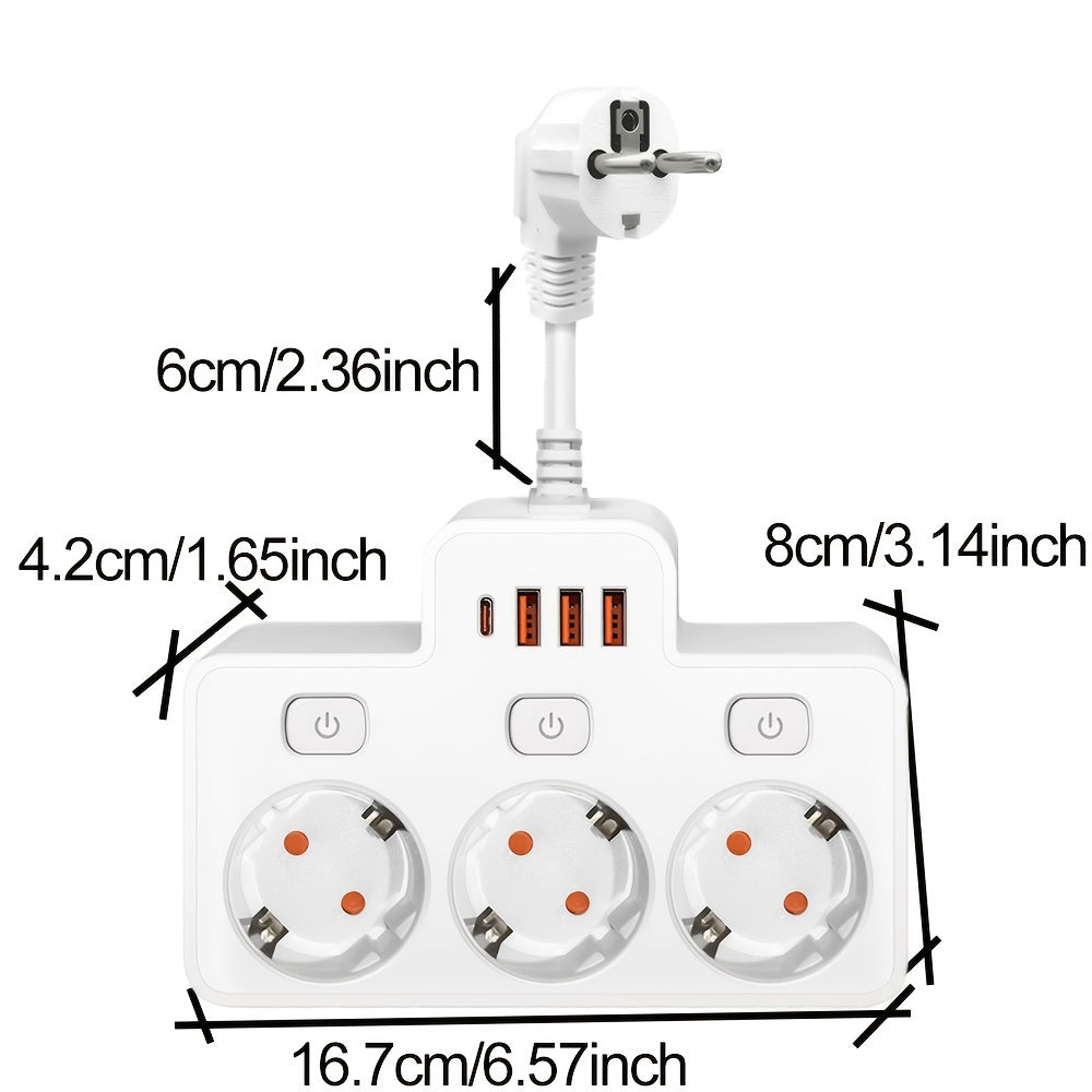 Wall-Mounted Power Strip with 3 AC Outlets and 4 USB Ports 2500W European Plug