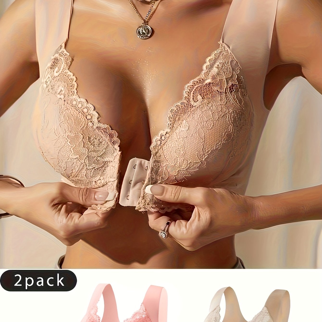 Women Lace Bra Set Front Closure V-Neck Black Red Mesh Comfortable Daily