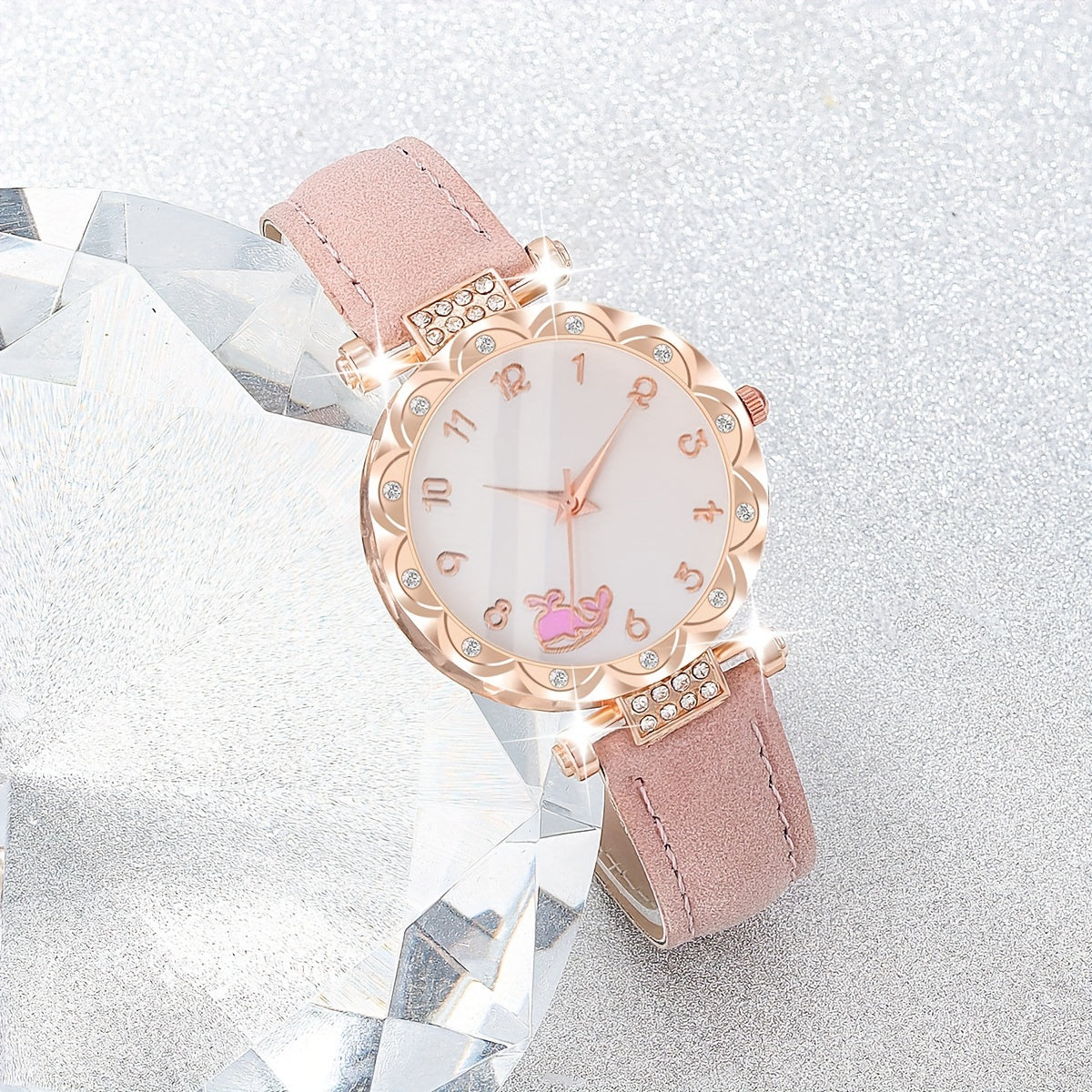 6 ta ayollar moda soatlari va zargarlik buyumlari to'plami, pushti faux charm, rhinestone aksessuarlar