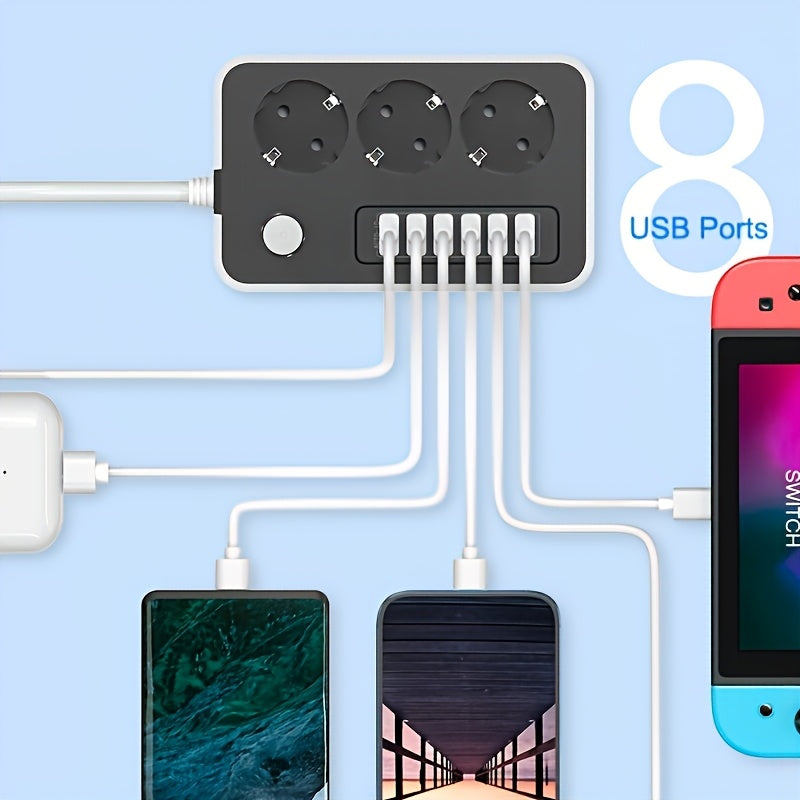 Regleta de alimentación versátil con 3 tomas de corriente AC, 6 puertos USB, cable de extensión de 149cm para hogar, oficina y exterior