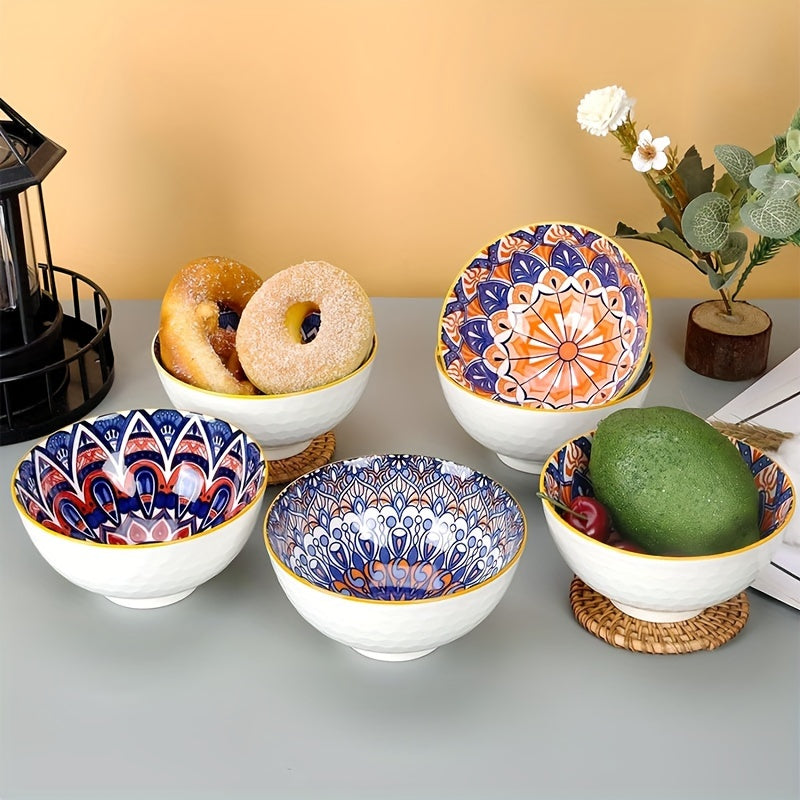 Handmade Ceramic Bowls Set with Vibrant Orange and Blue Mandala Design for Serving Cereal Ice Cream Pasta
