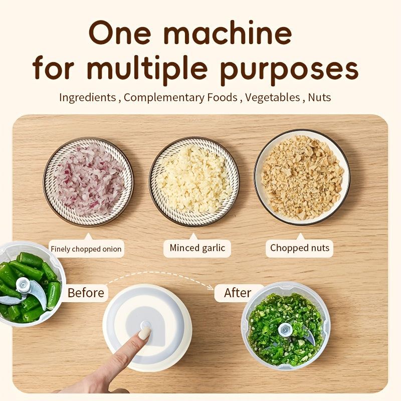 USB orqali zaryadlanadigan mini simsiz elektr sarimsoq maydalagich. Bir bosish bilan ishlash, 1000 RPM motor va oson tozalash dizayni. Uy oshxonasida, lagerda va kichik ovqat porsiyalarida ideal.