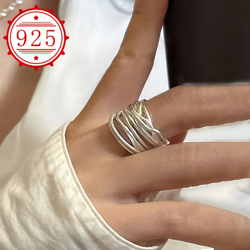 Anillo de dedo de cara ancha ajustable, hipoalergénico, de plata 925 con cruce de bandas, para mujeres y hombres