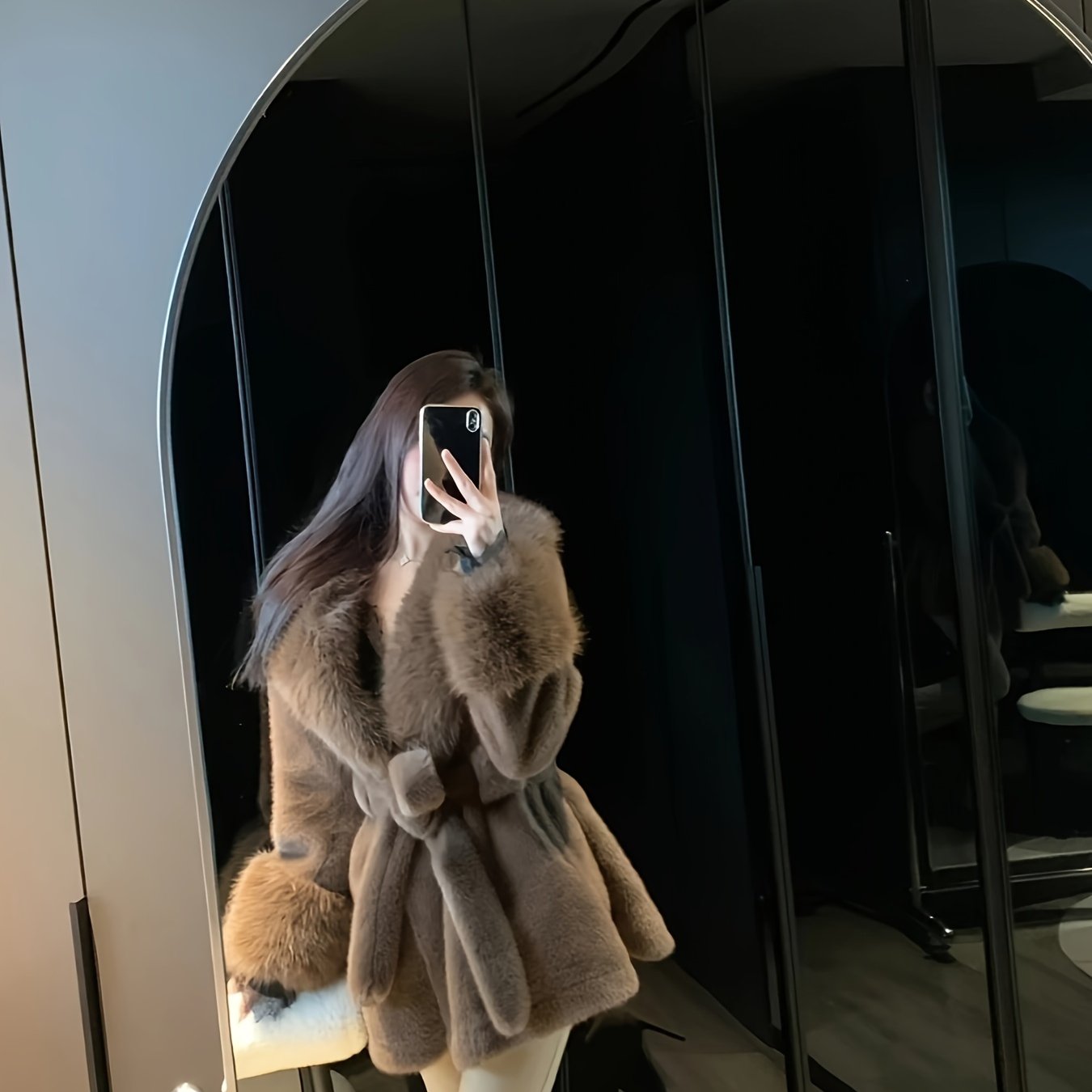 Women's Faux Fur Hooded Coat with Belt Long Sleeve Mid-Length Winter Chic