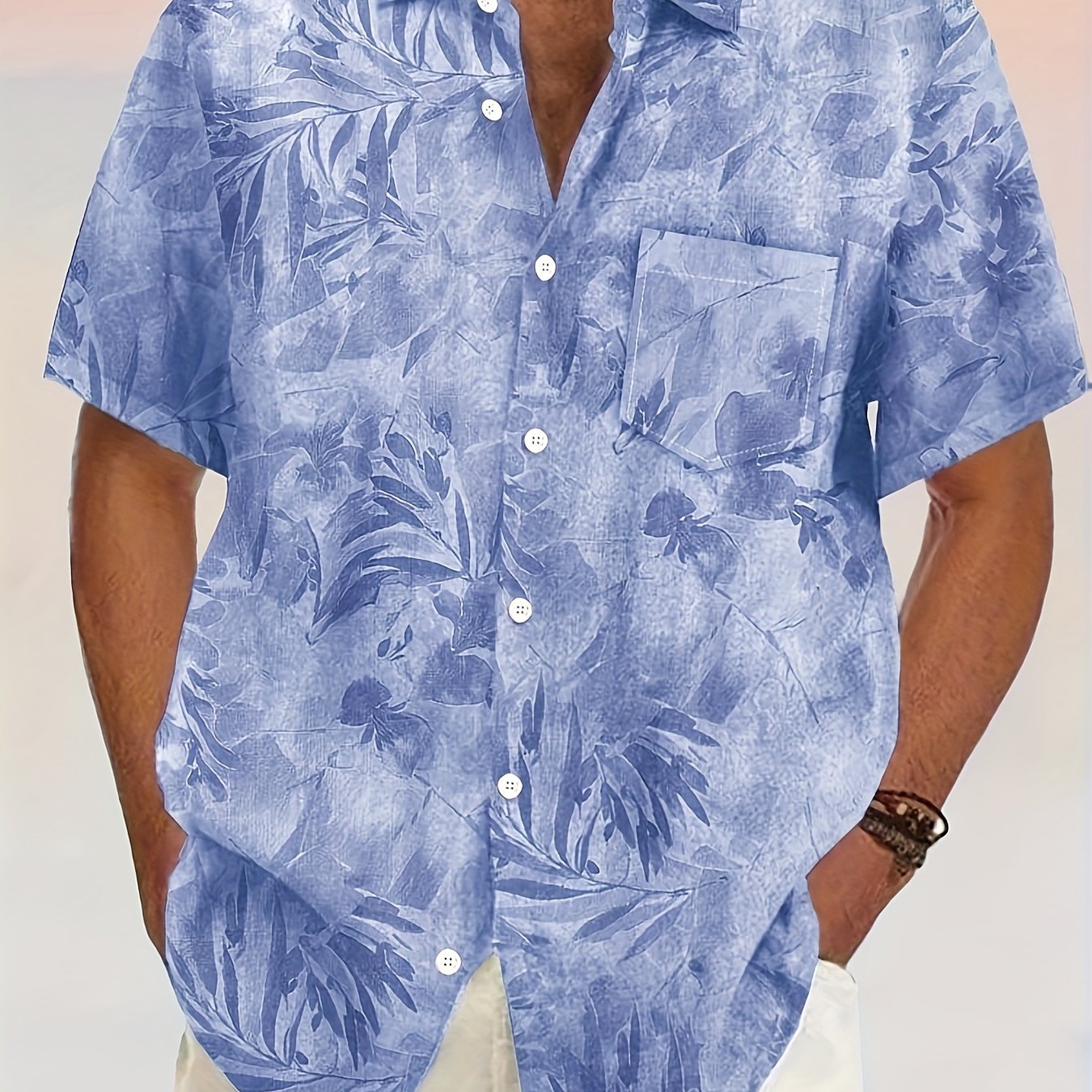 Мужская рубашка с коротким рукавом и пуговицами, увеличенного размера, с тропическим принтом и полиэстером, для летнего отдыха