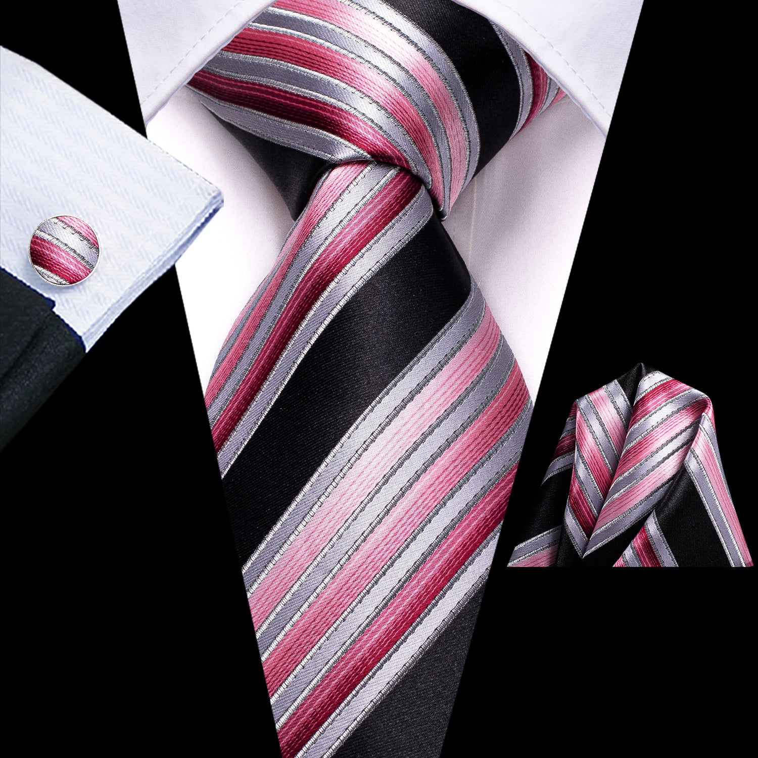 Striped Necktie Set with Cufflinks for Business, Parties, Weddings
