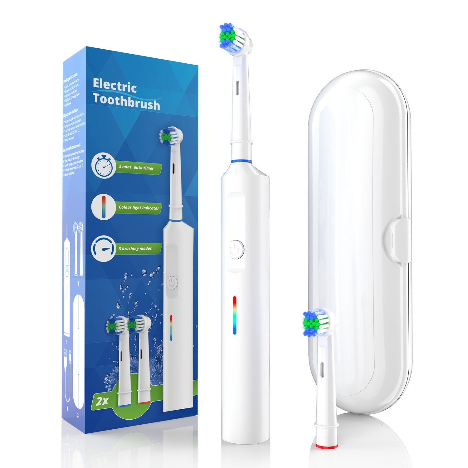 Kattalar uchun elektr tish cho'tkasi, 2 ta cho'tka boshli, portativ quti, Type-C zaryadlash, 3 ta rejim, yumshoq va o'rtacha bosh