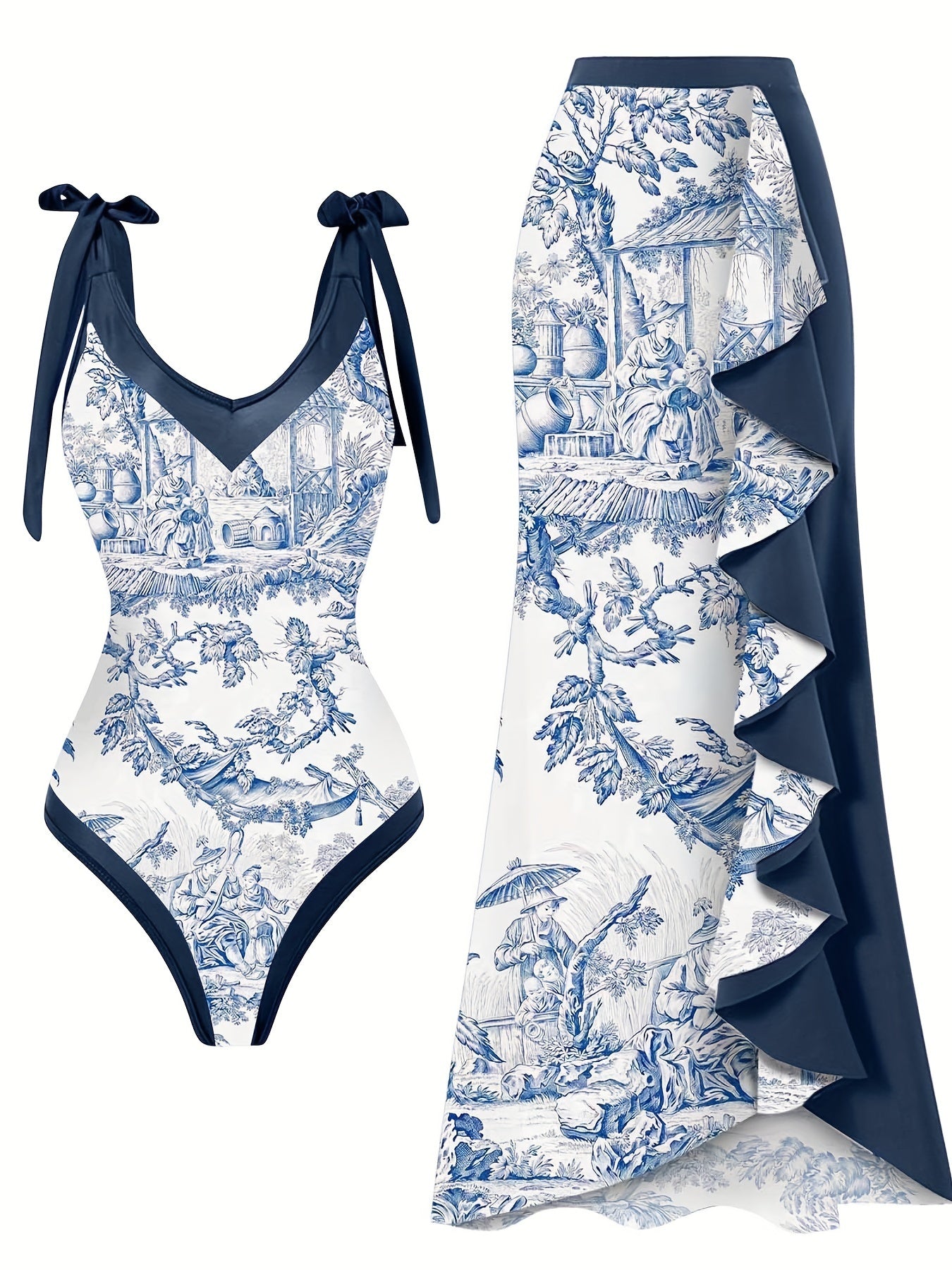 Women's V Neck Bow Tie Shoulder Straps One-Piece Swimsuit Set with Cover Up Skirt Summer