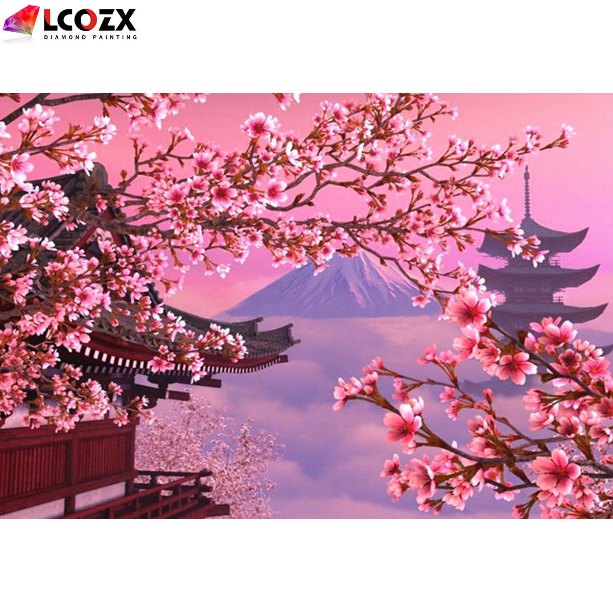 Artificial Diamond Painting Kit with Cherry Blossom and Fuji Mountain 29.97x39.88cm Pink Rhinestones