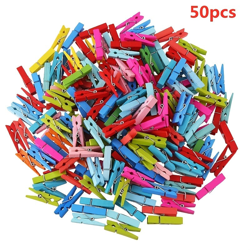Colorful Wooden Clips for DIY Photo Storage and Crafts, 50 Pack