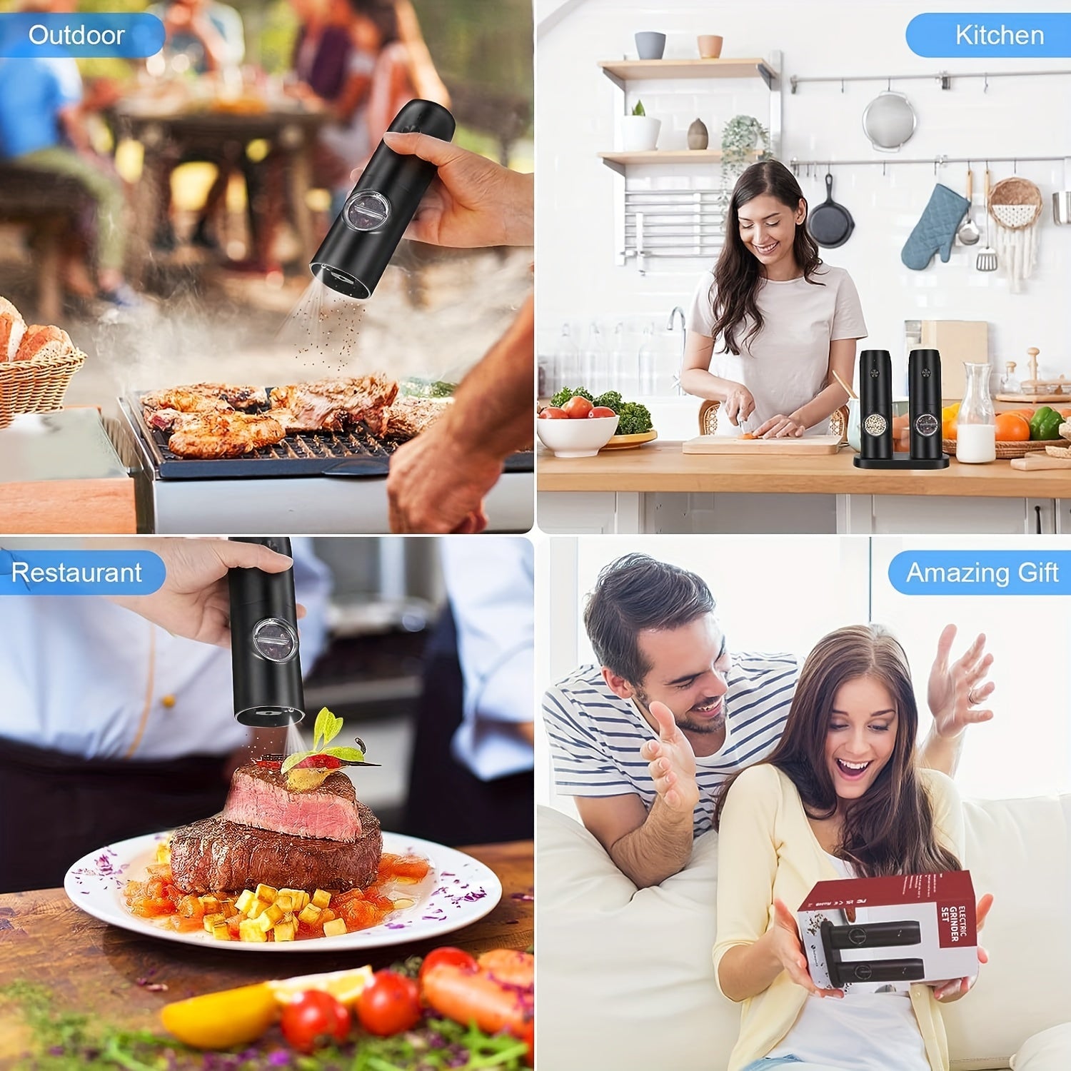 Набор из 2 электрических мельниц для соли и перца, перезаряжаемых через USB с LED-подсветкой, одноручное управление, регулируемая крупность, refillable база, кухонные гаджеты и принадлежности, идеально подходит для подарков на Рождество или Хэллоуин