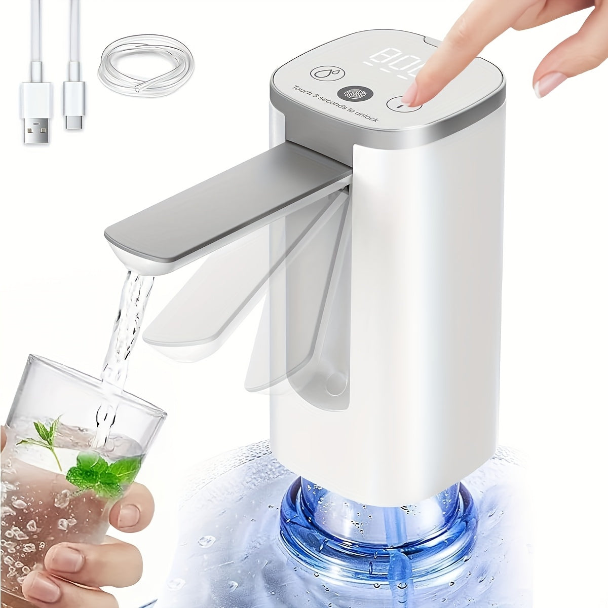 Portativ elektr suv nasosi 5 gallon bilan raqamli displey USB-C zaryadlash, buklanuvchi dizayn, 3 darajali oqim nazorati, uy, ofis, lager uchun