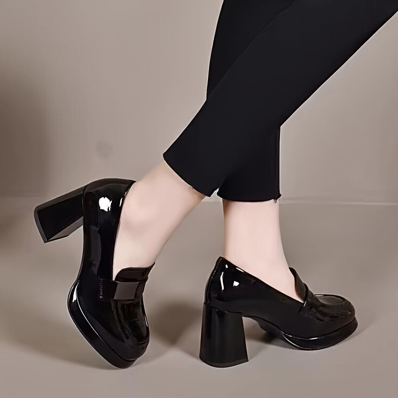 Women's Black Solid Color Block Heels with Square Toe and Rubber Sole
