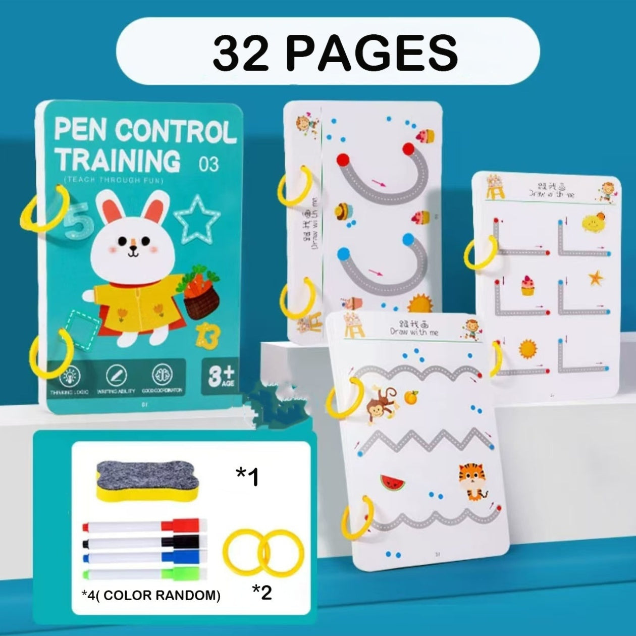 Drawing Practice Book for Ages 3-8 Blue Erasable Pens Early Learning Coordination Skills