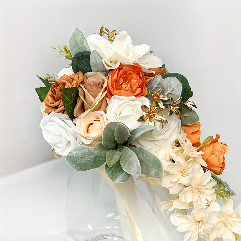 Sun'iy gul to'y uchun buket, ip bilan bezatilgan va vintage lent bilan ta'minlangan